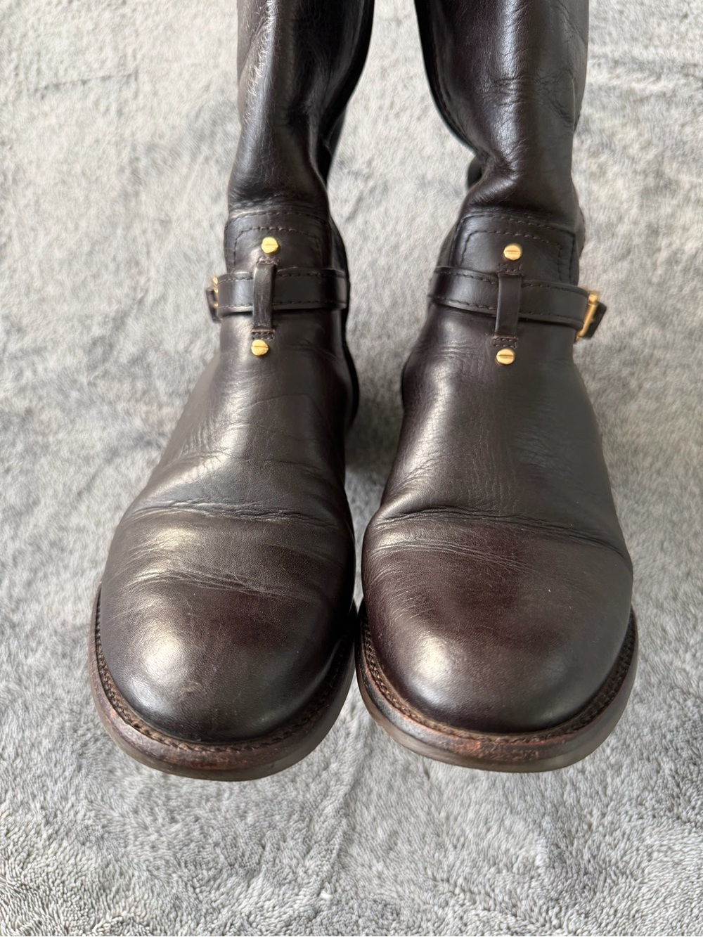 Tory Burch Black Leather Tall Buckle Boots with Gold Logo - Picture 4 of 8